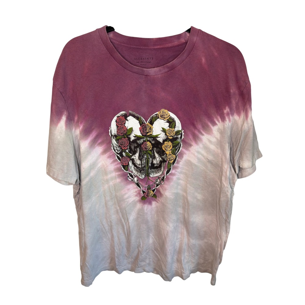 AllSaints Mens Relaxed Fit Skull Rose Heart Tie Dye Graphic T-Shirt Large Purple